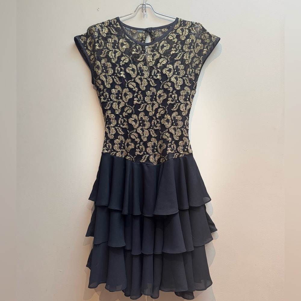 Vintage 80s/90s Black Dress Gold Metallic Floral Lace Chiffon Women’s Size 6 Y2K